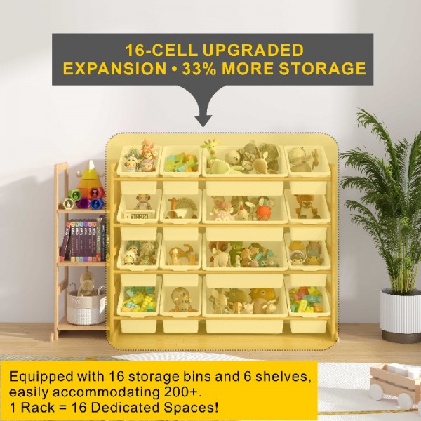 Etitlly Toy Storage with Kids Bookshelf for Room, Bedroom,Playroom, Nursery,Kindergarten,16 Storage Bins and 3 Side Shelves,Storage,White