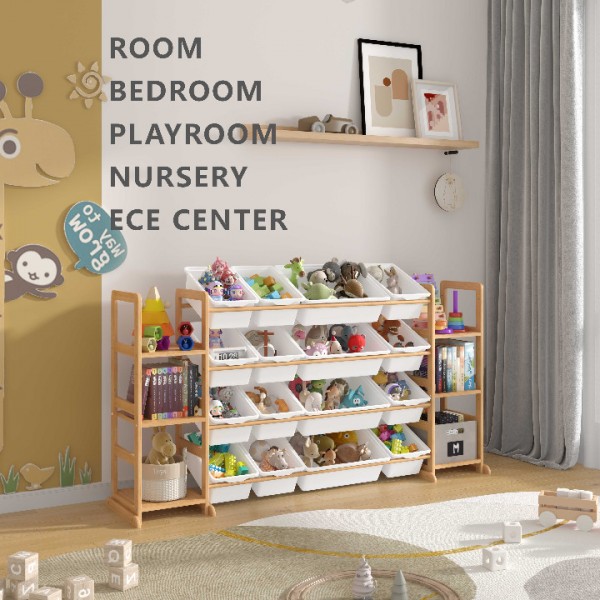 Etitlly Toy Storage Organizer with Kids Bookshelf for Room,Bedroom,Playroom,Nursery,Kindergarten,16 Storage Bins and 6 Side Shelves,Storage,White