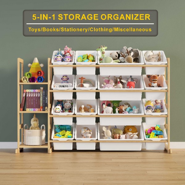 Etitlly Toy Storage with Kids Bookshelf for Room, Bedroom,Playroom, Nursery,Kindergarten,16 Storage Bins and 3 Side Shelves,Storage,White