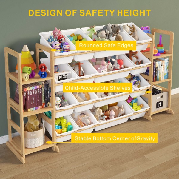 Etitlly Toy Storage Organizer with Kids Bookshelf for Room,Bedroom,Playroom,Nursery,Kindergarten,16 Storage Bins and 6 Side Shelves,Storage,White
