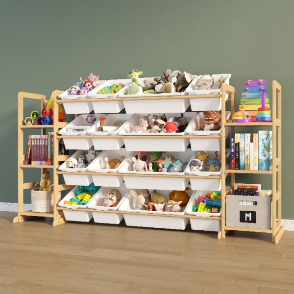 Etitlly Toy Storage Organizer with Kids Bookshelf for Room,Bedroom,Playroom,Nursery,Kindergarten,16 Storage Bins and 6 Side Shelves,Storage,White