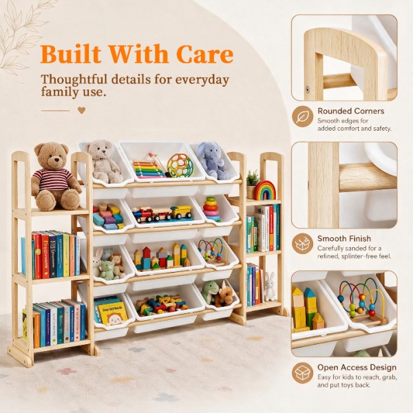 Toy Storage Organizer with Bookshelf – Wooden Toy Organizer with 12 Toy Bins & 6 Tier Bookcase,Quick Assembly Kids Bookshelf,Toy Bin for Playroom, Bedroom, Nursery– White