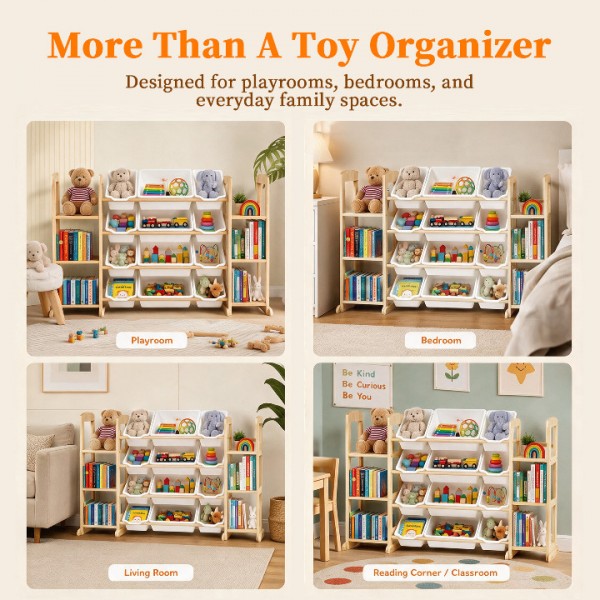 Toy Storage Organizer with Bookshelf – Wooden Toy Organizer with 12 Toy Bins & 6 Tier Bookcase,Quick Assembly Kids Bookshelf,Toy Bin for Playroom, Bedroom, Nursery– White